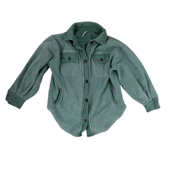 Free People Ruby Oversized Fleece Shacket Teal Button Down Long Sleeve- Size XS - Picture 4 of 12